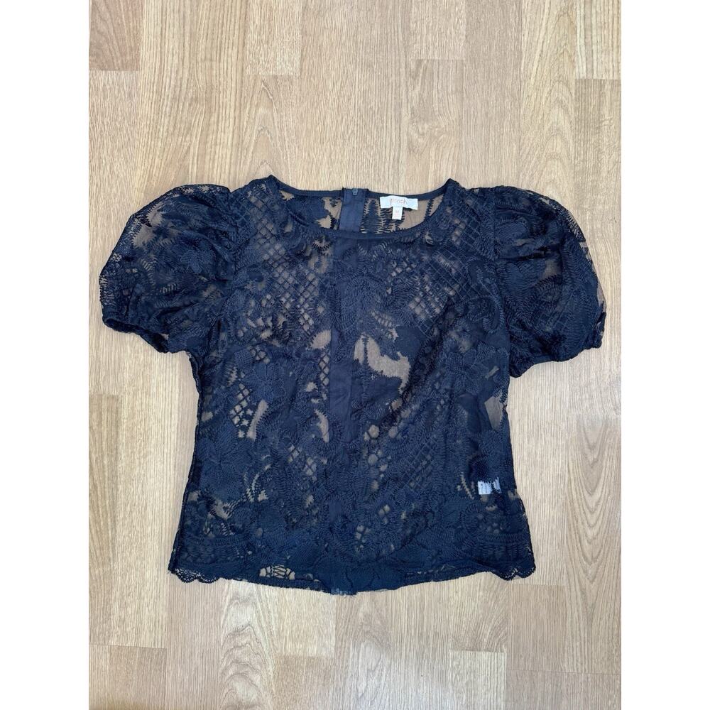 Peach Sheer Lace Black Floral Puff Sleeve Blouse Size M Boho Romantic Feminine